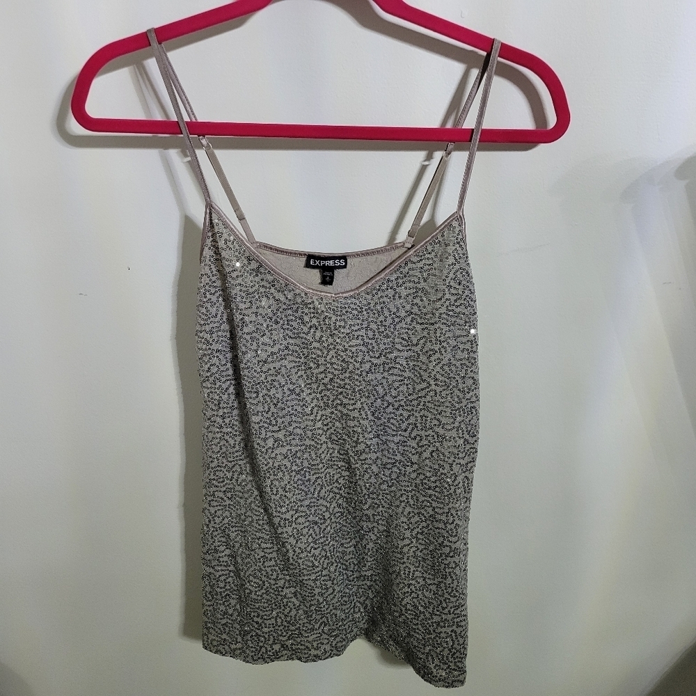 Express Sequined Gray Silver Spaghetti Strap Top, Size Large